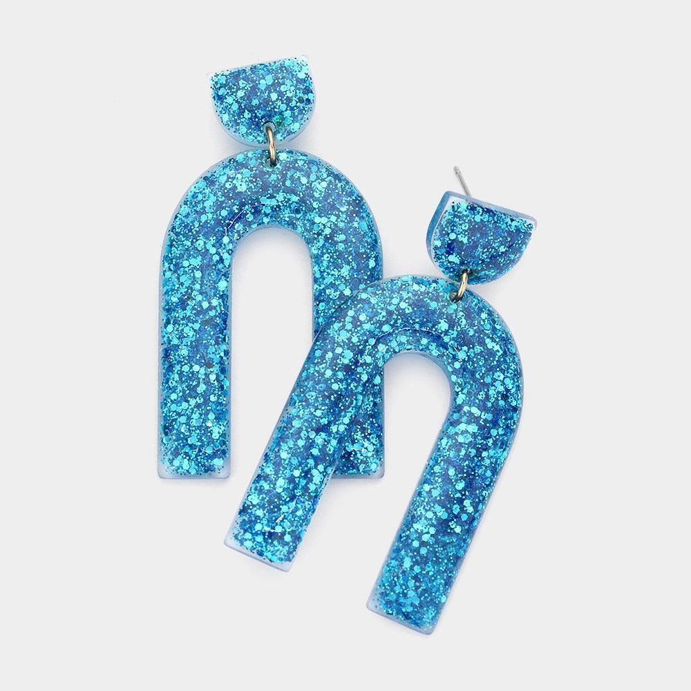 Blue Glittered Resin Arch Dangle Earrings - Jewelry Store by Erik Rayo