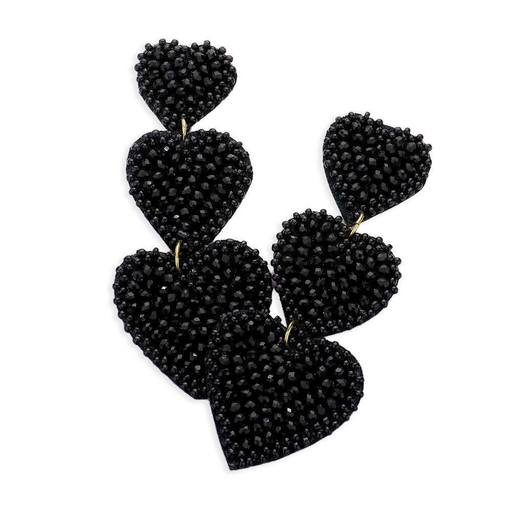Black Felt Back Beaded Triple Heart Link Dangle Earrings - Jewelry Store by Erik Rayo