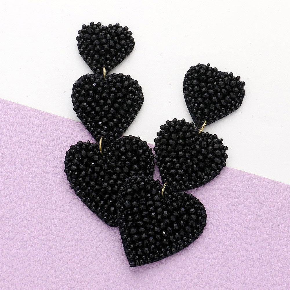 Black Felt Back Beaded Triple Heart Link Dangle Earrings - Jewelry Store by Erik Rayo
