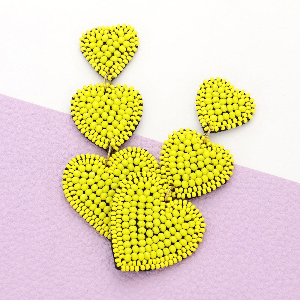 Yellow Felt Back Beaded Triple Heart Link Dangle Earrings