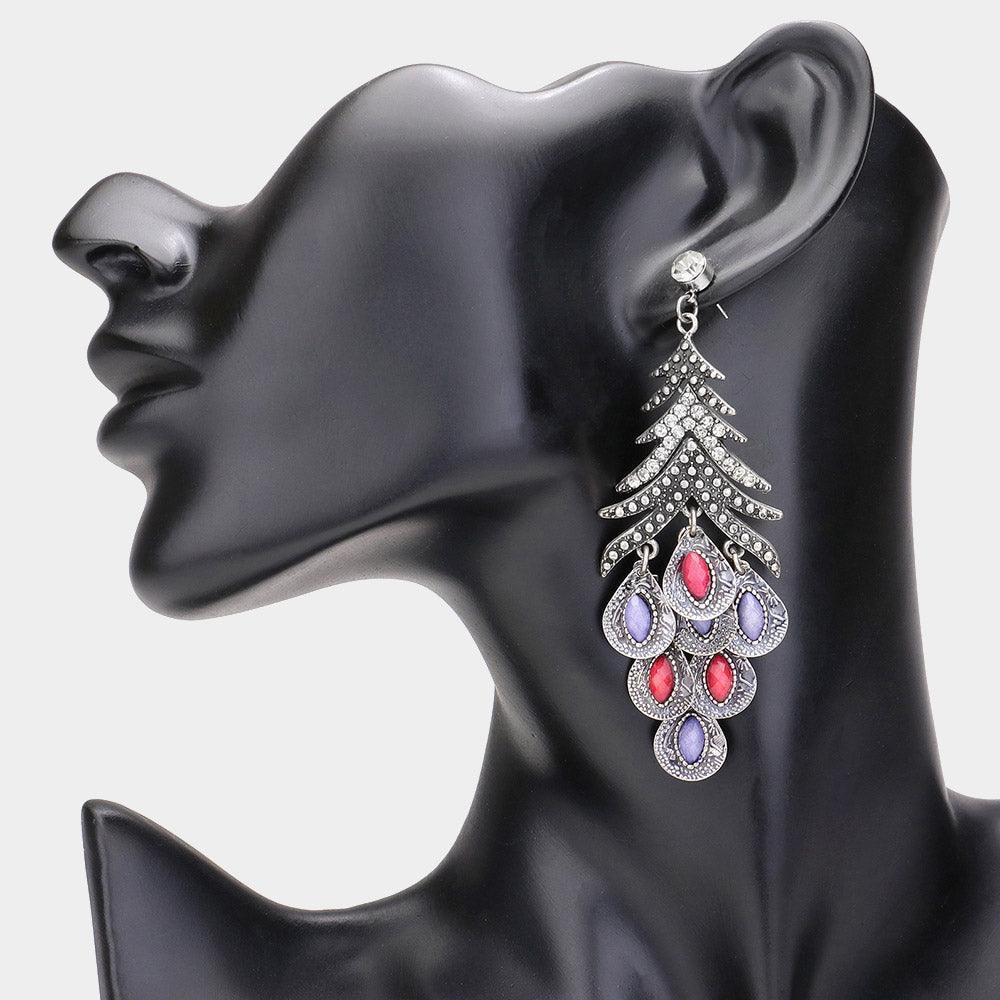 Pink Antique Metal Oval Stone Cluster Vine Earrings - Jewelry Store by Erik Rayo