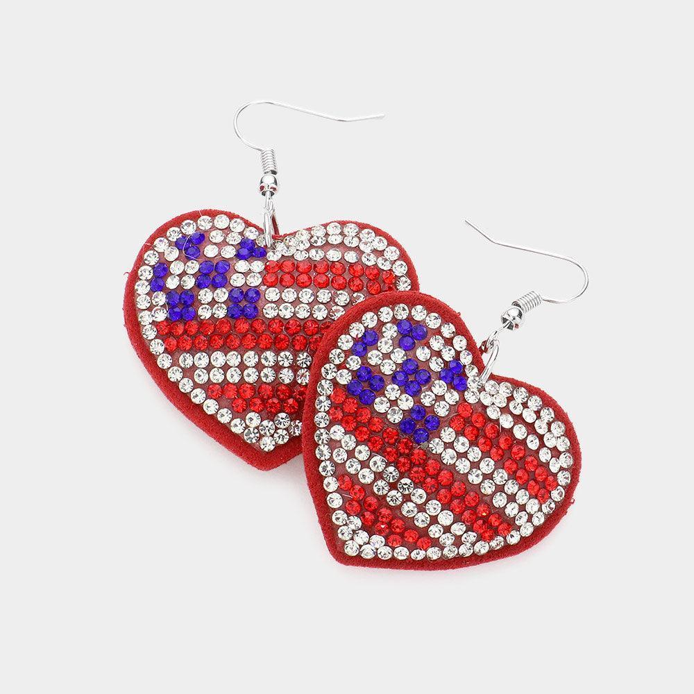 American USA Flag Bling Heart Dangle Earrings - Jewelry Store by Erik Rayo