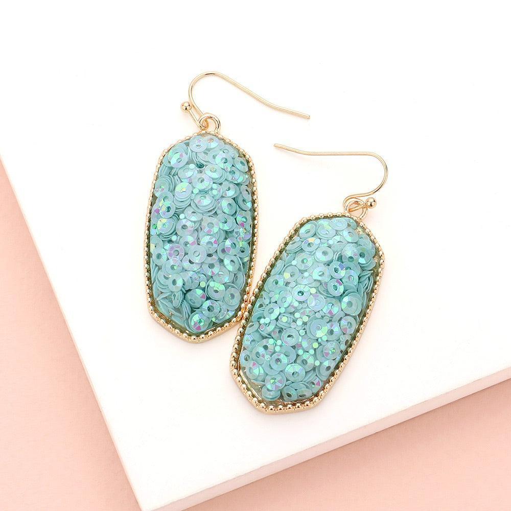 Blue Sequin Hexagon Dangle Earrings - Jewelry Store by Erik Rayo