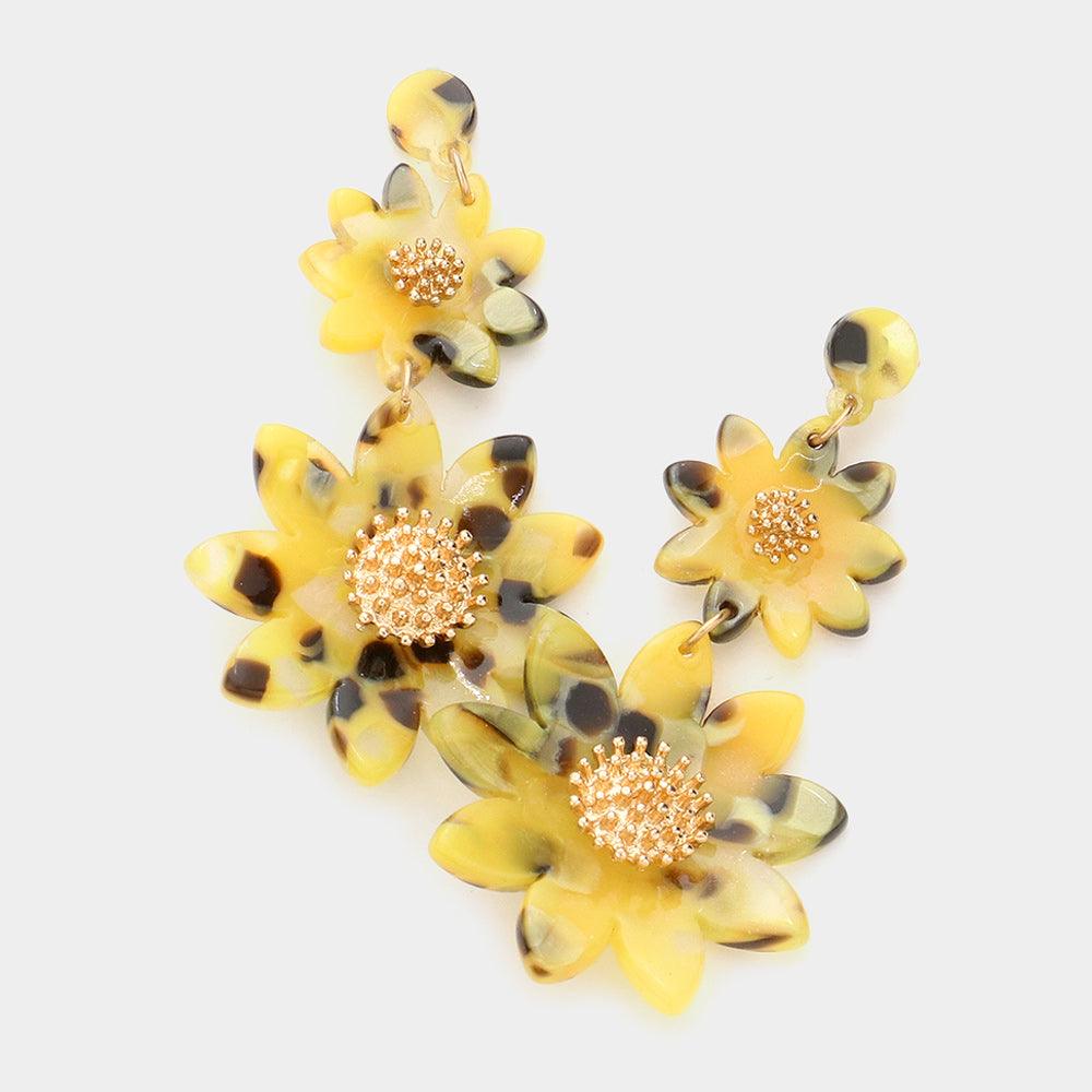 Yellow Celluloid Acetate Double Flower Link Dangle Earrings