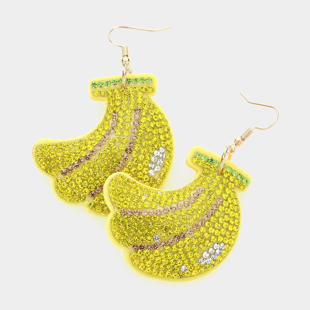 Yellow Felt Back Bling Banana Dangle Earrings