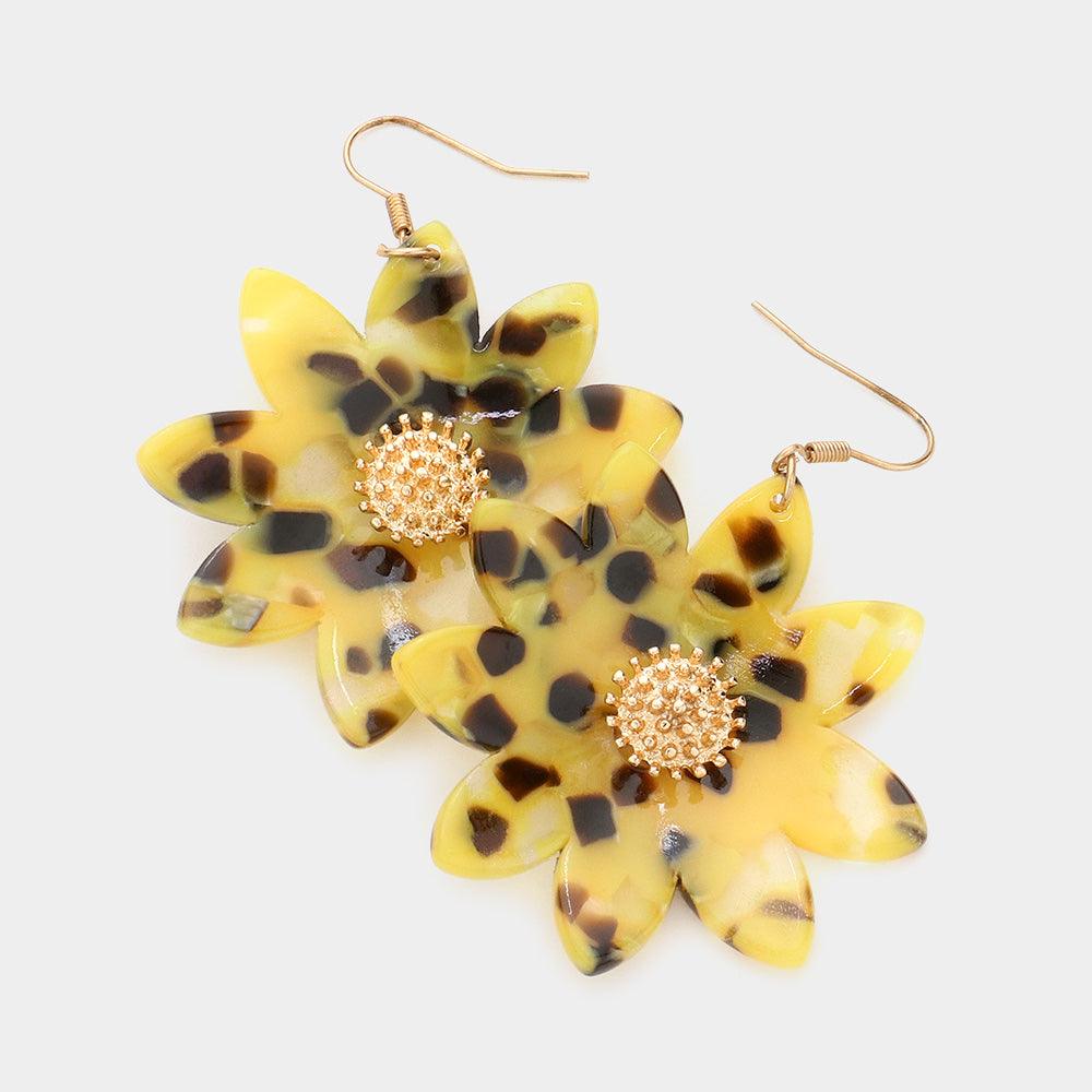 Yellow Celluloid Acetate Flower Dangle Earrings