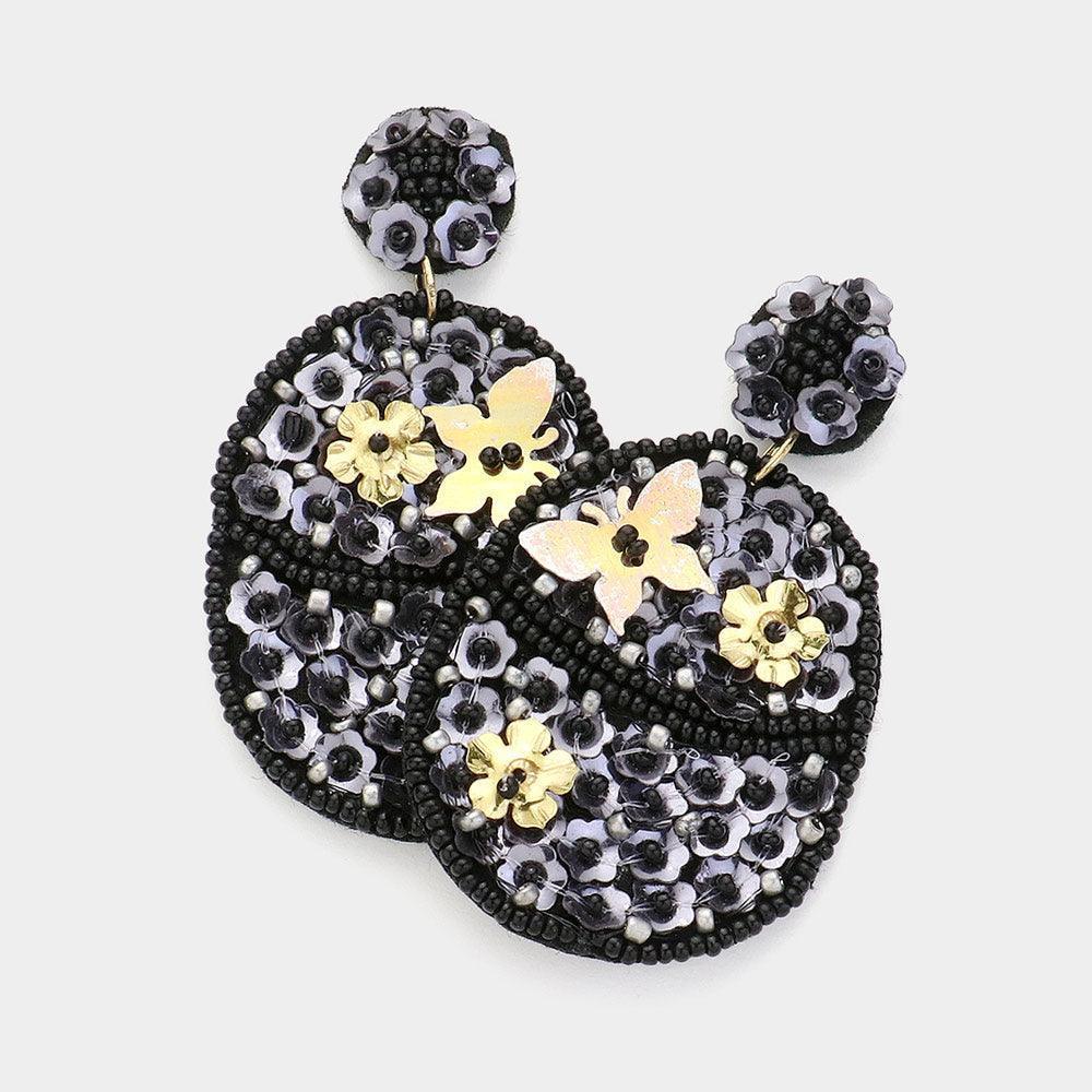 Black Felt Back Flower Butterfly Accented Dangle Earrings - Jewelry Store by Erik Rayo