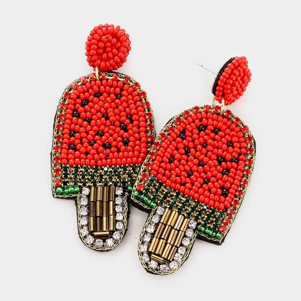 Red Felt Back Seed Bead Watermelon Popsicle Dangle Earrings - Jewelry Store by Erik Rayo