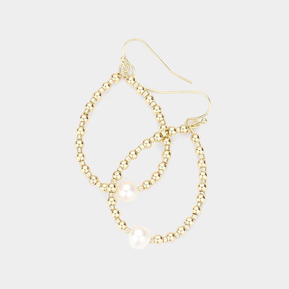 Cream Freshwater Pearl Accented Metal Ball Open Teardrop Dangle Earrings - Jewelry Store by Erik Rayo