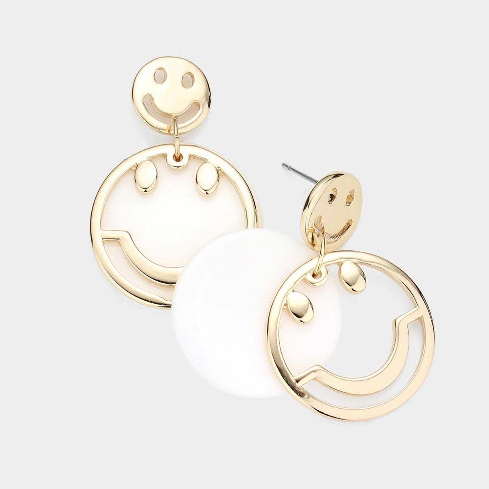 White Metal Smile Resin Round Layered Dangle Earrings