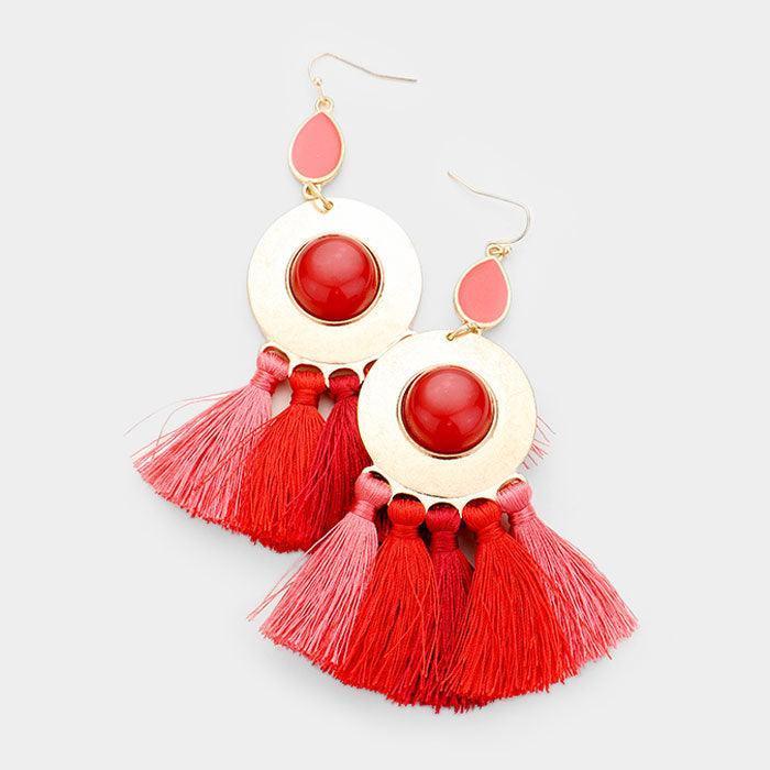 Red Round Natural Stone Multi Tassel Earrings - Jewelry Store by Erik Rayo