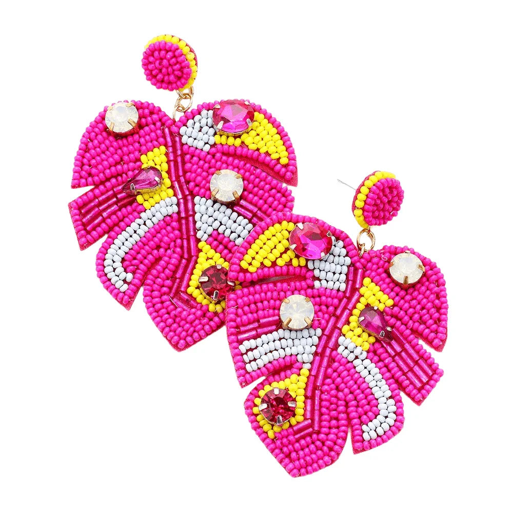 Fuchsia Felt Back Stone Embellished Seed Beaded Tropical Leaf Dangle Earrings - Jewelry Store by Erik Rayo