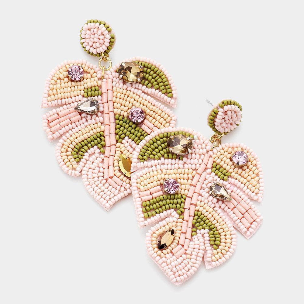 Pink Felt Back Stone Embellished Seed Beaded Tropical Leaf Dangle Earrings - Jewelry Store by Erik Rayo