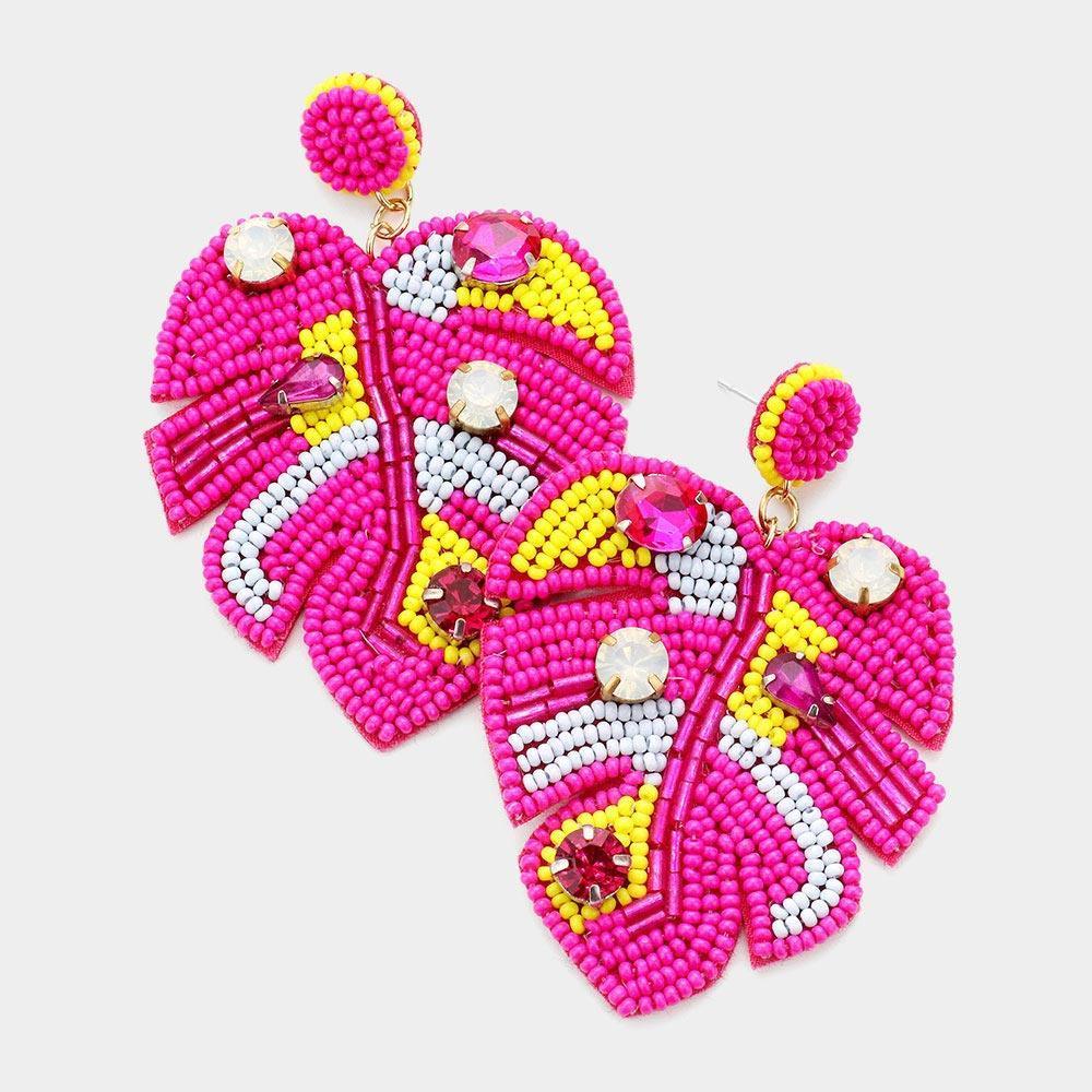 Fuchsia Felt Back Stone Embellished Seed Beaded Tropical Leaf Dangle Earrings - Jewelry Store by Erik Rayo