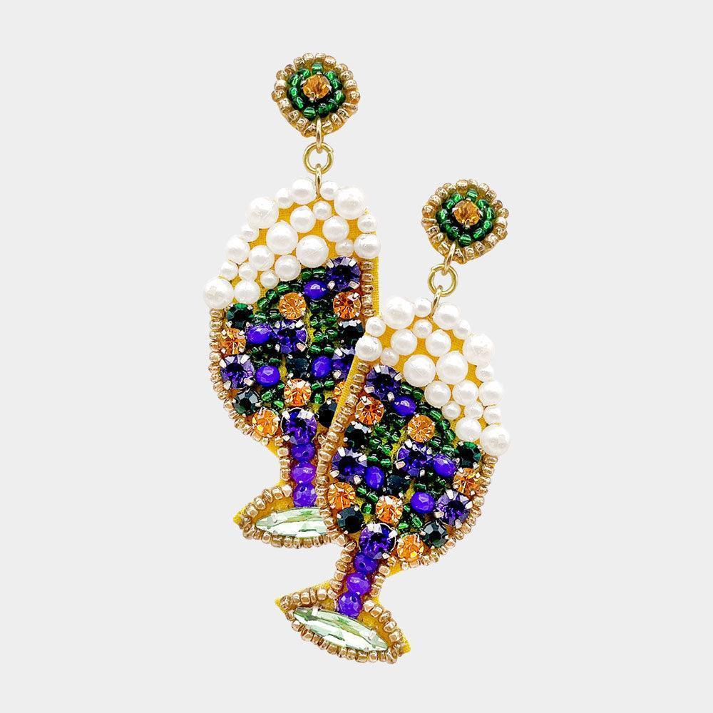 Mardi Gras Felt Back Pearl Round Stone Cluster Champagne Dangle Earrings - Jewelry Store by Erik Rayo