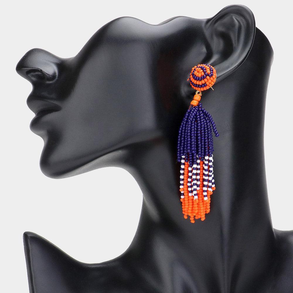 Game Day Seed Beaded Tassel Dangle Earrings - Jewelry Store by Erik Rayo