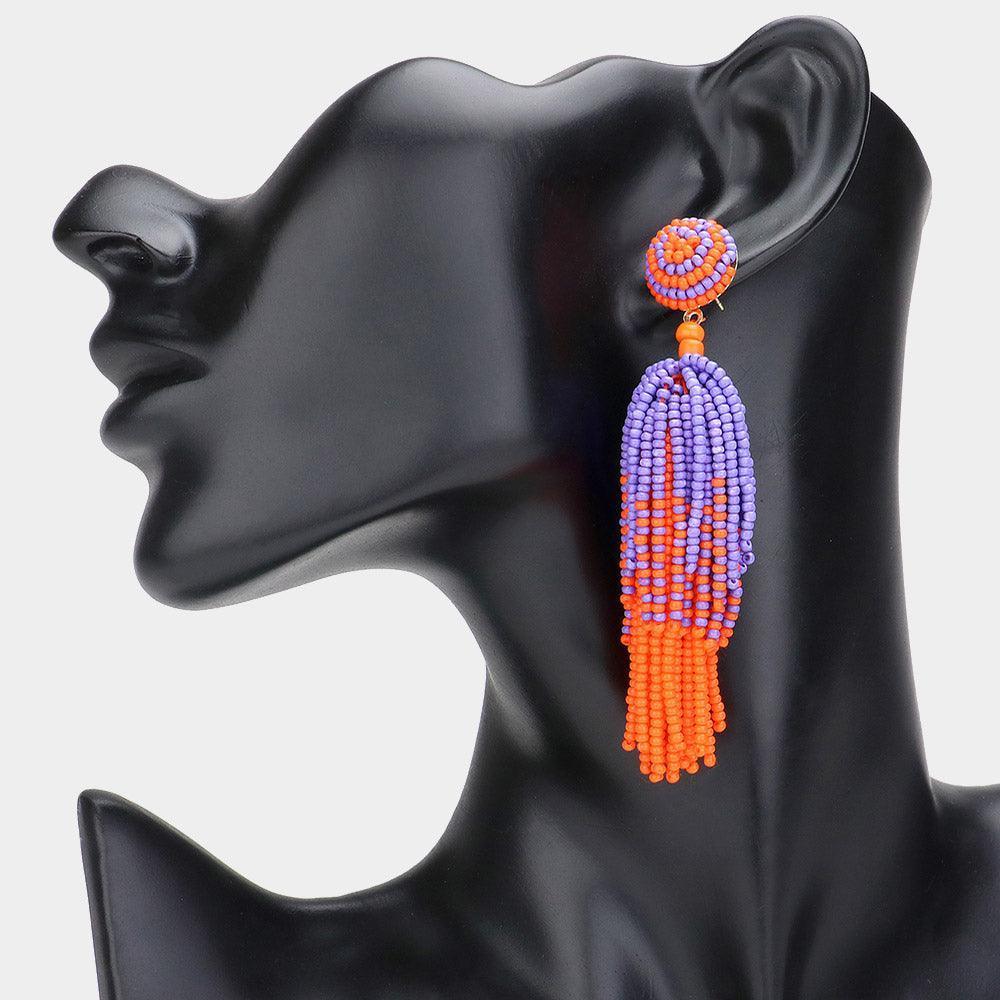 Game Day Seed Beaded Tassel Dangle Earrings - Jewelry Store by Erik Rayo
