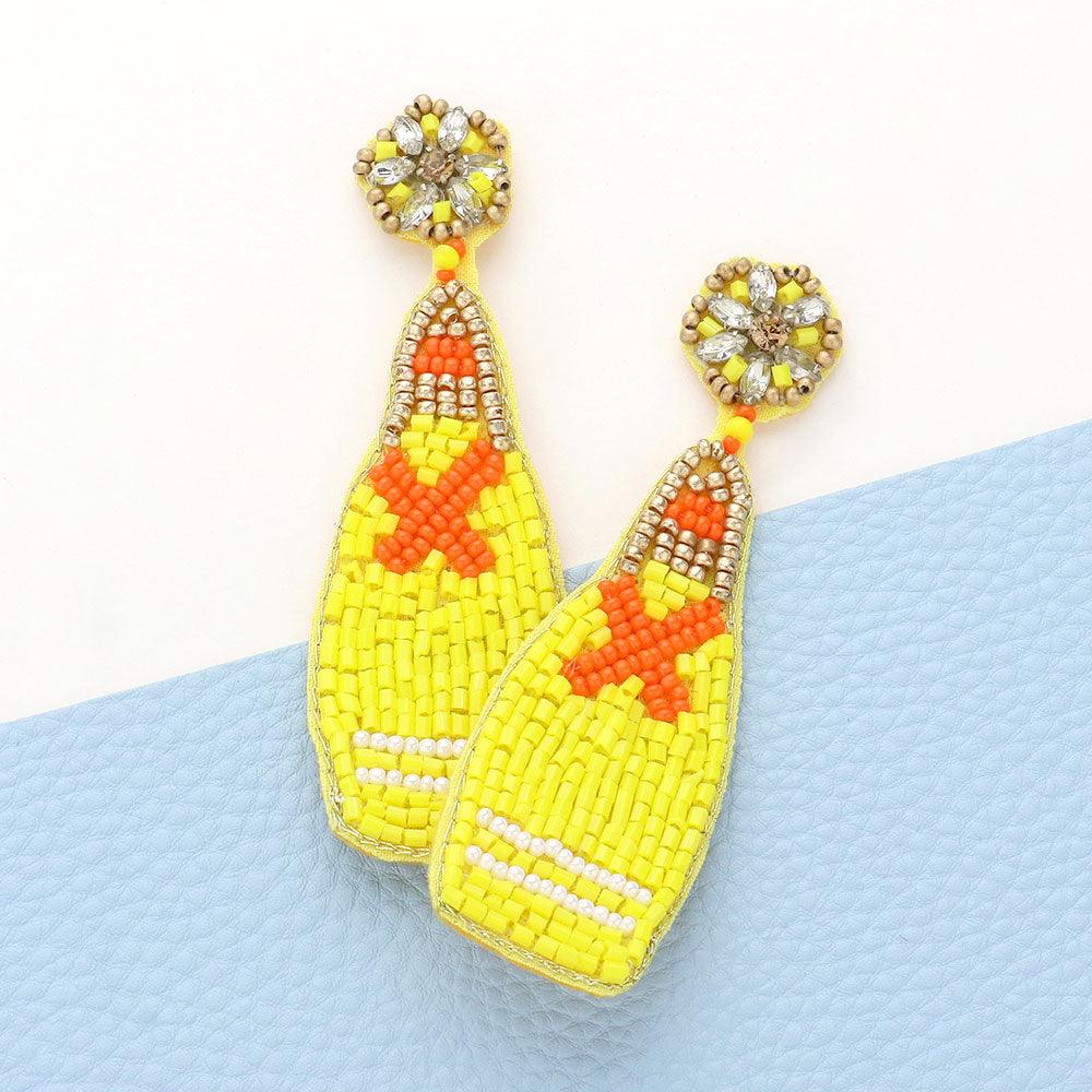 Yellow Felt Back Beaded Champagne Dangle Earrings