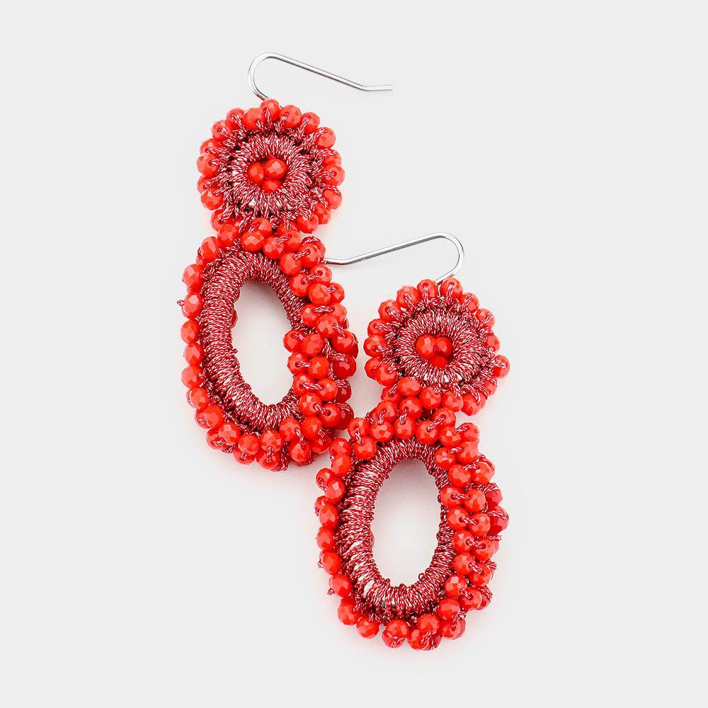 Red Bubble Bead Cluster Open Oval Circle Dangle Earrings