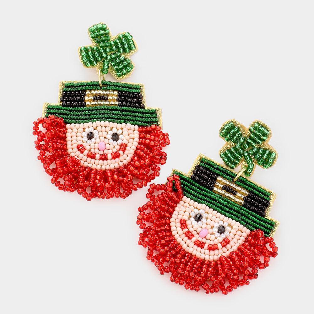 Green Felt Back Seed Bead ST Patrick's Day Clover Irish Man Dangle Earrings - Jewelry Store by Erik Rayo