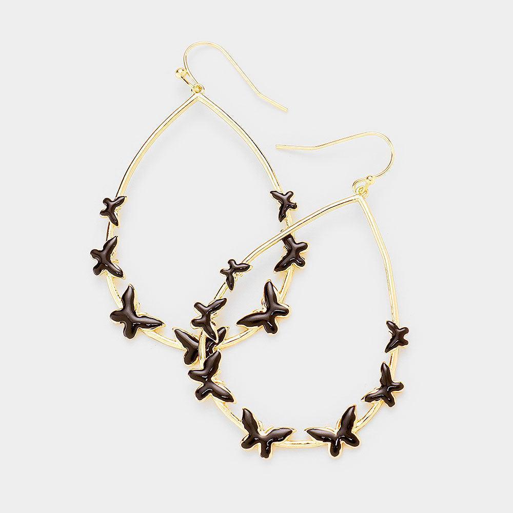 Black Brass Metal Open Teardrop Enamel Butterfly Earrings - Jewelry Store by Erik Rayo