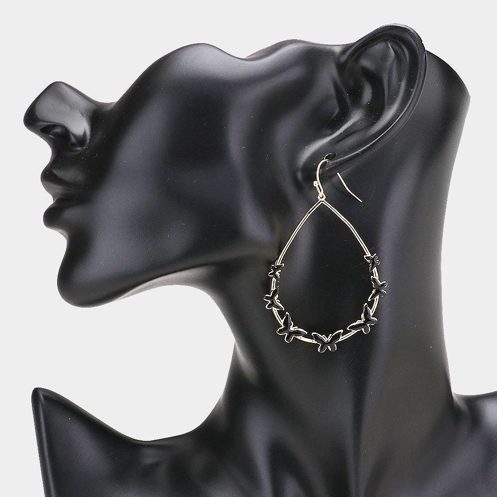 Black Brass Metal Open Teardrop Enamel Butterfly Earrings - Jewelry Store by Erik Rayo