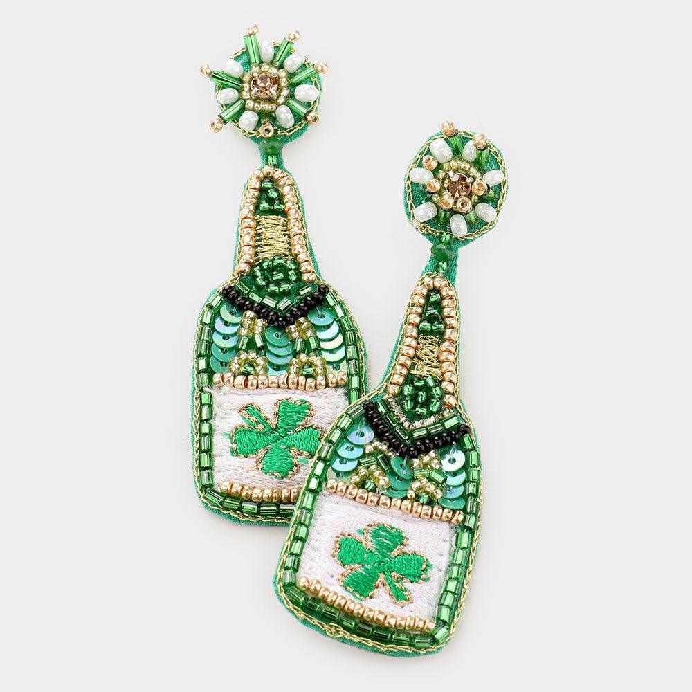 Green Felt Back Sequin ST Patrick's Day Clover Accented Champagne Beer Dangle Earrings - Jewelry Store by Erik Rayo