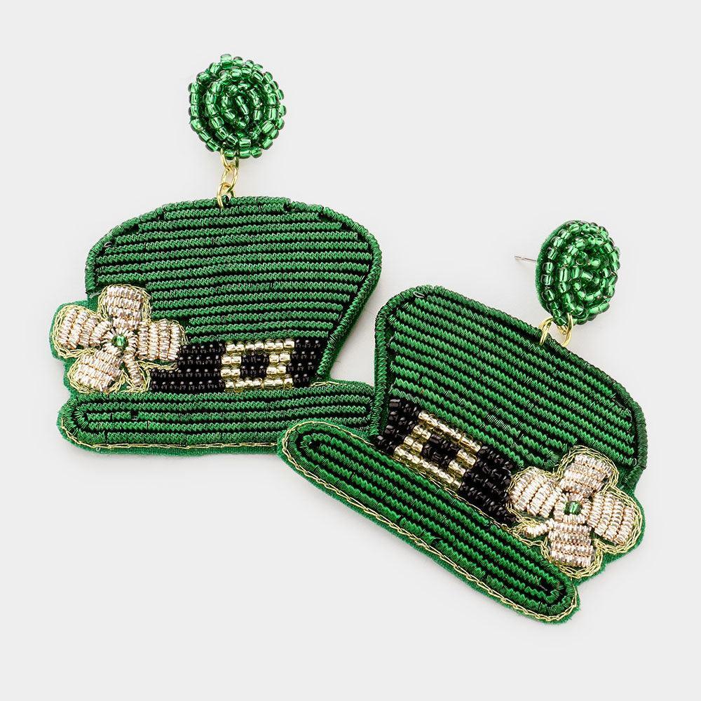 Green Felt Back ST Patrick's Day Clover Accented Hat Dangle Earrings - Jewelry Store by Erik Rayo