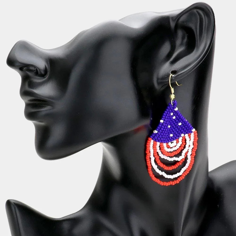 American USA Flag Draped Seed Beaded Dangle Earrings - Jewelry Store by Erik Rayo