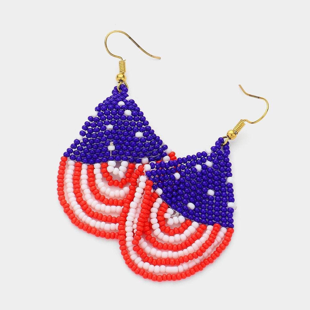 American USA Flag Draped Seed Beaded Dangle Earrings - Jewelry Store by Erik Rayo