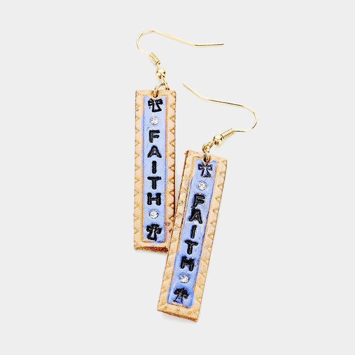 Blue "Faith" Genuine Leather Bar Dangle Earrings - Jewelry Store by Erik Rayo