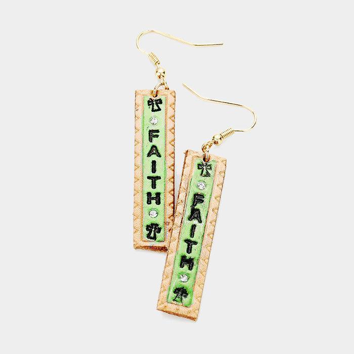 Green "Faith" Genuine Leather Bar Dangle Earrings - Jewelry Store by Erik Rayo