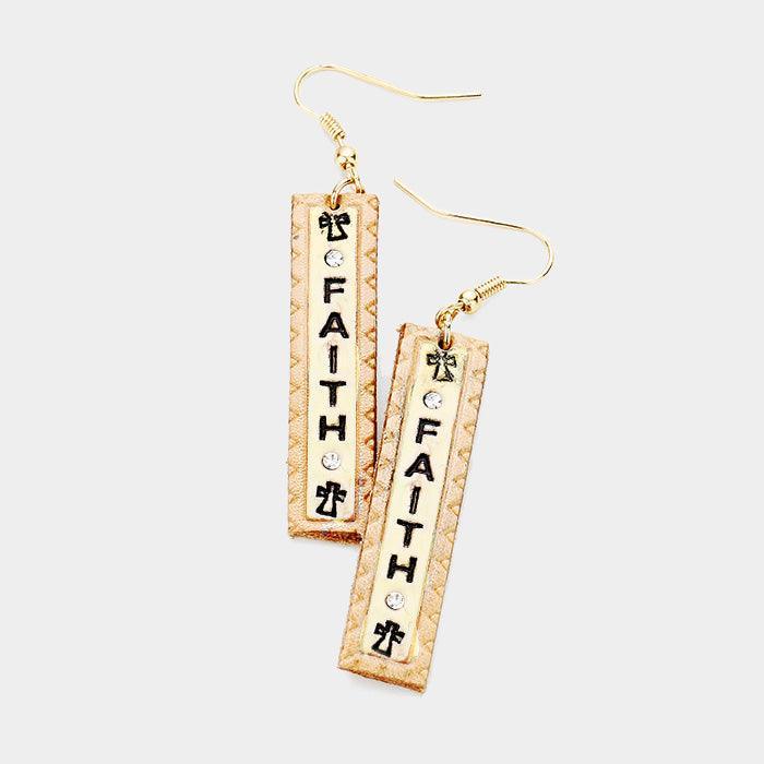 "Faith" Genuine Leather Bar Dangle Earrings