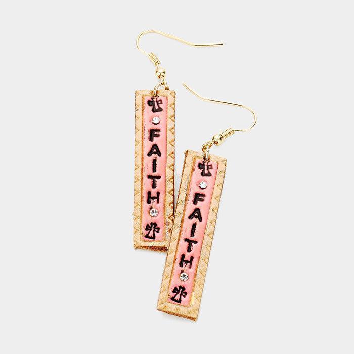 Pink "Faith" Genuine Leather Bar Dangle Earrings - Jewelry Store by Erik Rayo