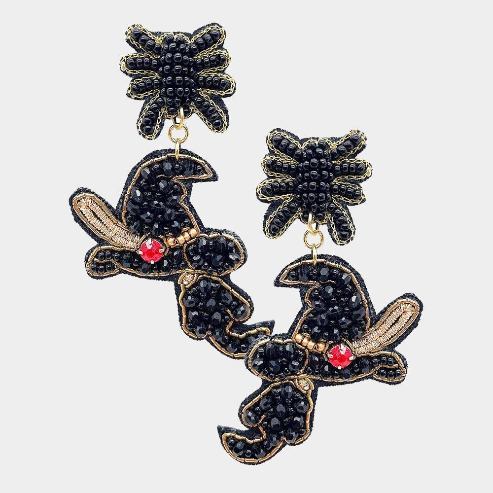 Black Felt Back Multi Beaded Witch Hat Broom Dangle Earrings