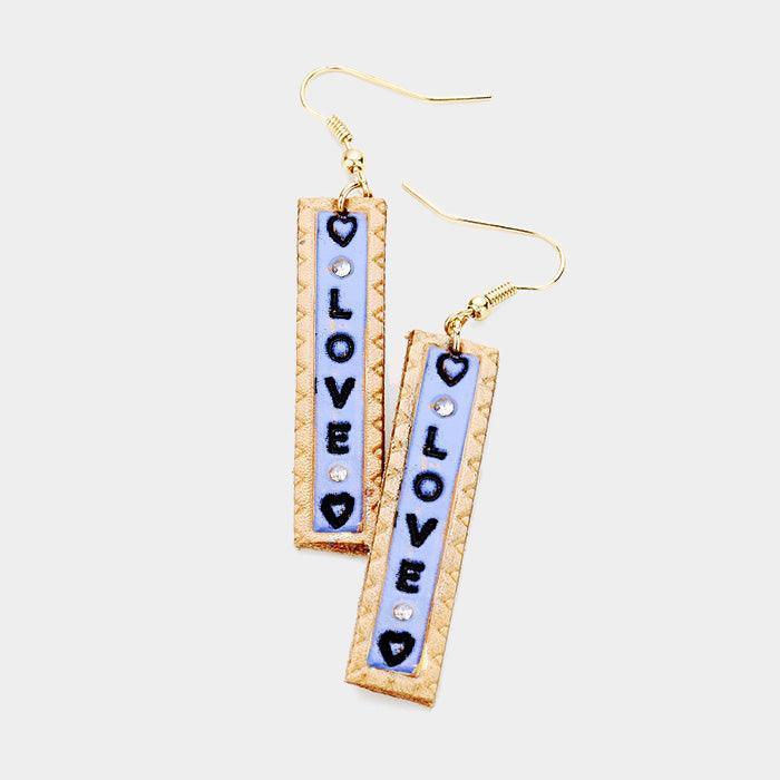 Blue "Love" Genuine Leather Bar Dangle Earrings - Jewelry Store by Erik Rayo