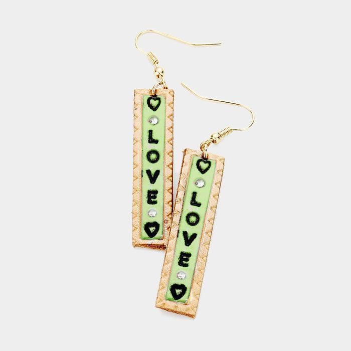 Green "Love" Genuine Leather Bar Dangle Earrings - Jewelry Store by Erik Rayo