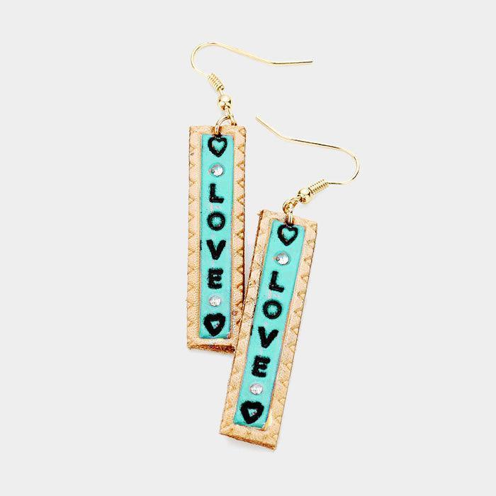 Turquoise "Love" Genuine Leather Bar Dangle Earrings - Jewelry Store by Erik Rayo