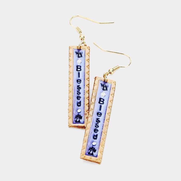 Blue "Blessed" Genuine Leather Bar Dangle Earrings - Jewelry Store by Erik Rayo