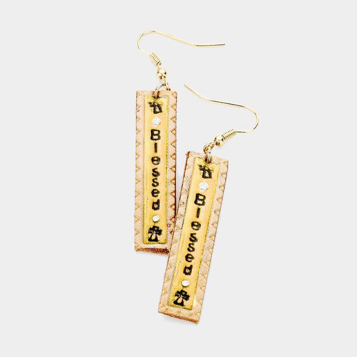 Brown "Blessed" Genuine Leather Bar Dangle Earrings - Jewelry Store by Erik Rayo