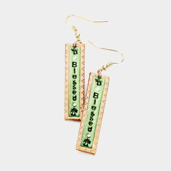 Green "Blessed" Genuine Leather Bar Dangle Earrings - Jewelry Store by Erik Rayo
