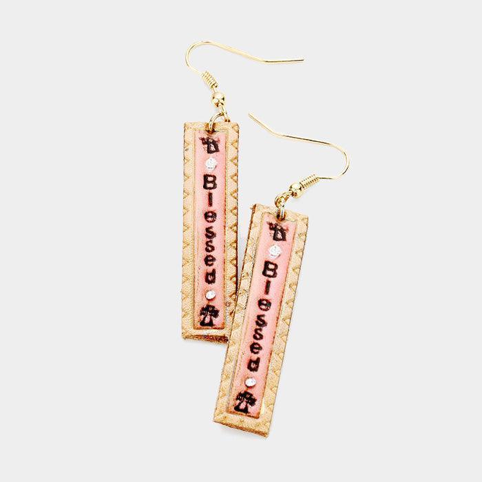 Pink "Blessed" Genuine Leather Bar Dangle Earrings - Jewelry Store by Erik Rayo