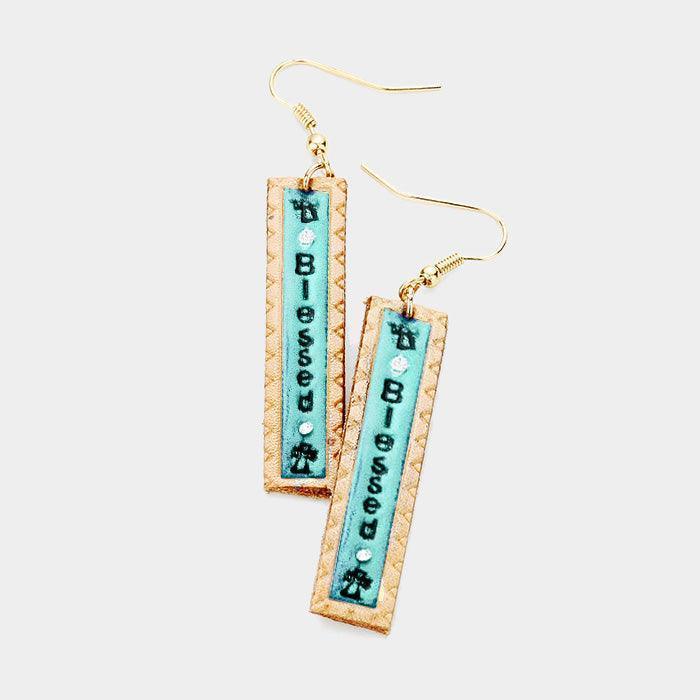 Turquoise "Blessed" Genuine Leather Bar Dangle Earrings - Jewelry Store by Erik Rayo