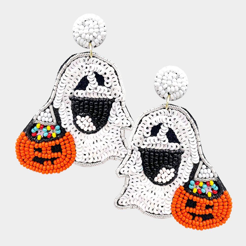 White Felt Back Sequin Seed Beaded Ghost Pumpkin Dangle Earrings