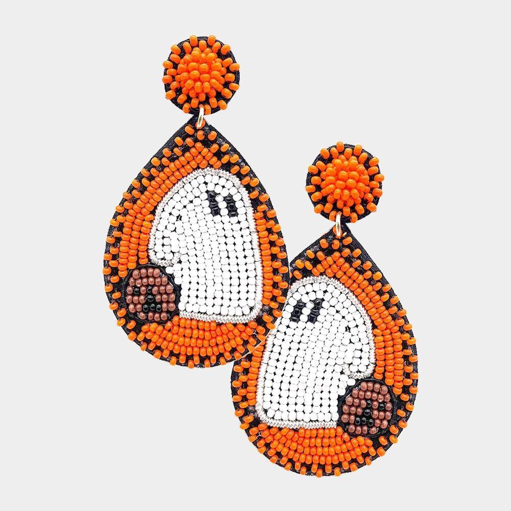 Orange Felt Back Seed Beaded Ghost Accented Teardrop Dangle Earrings - Jewelry Store by Erik Rayo