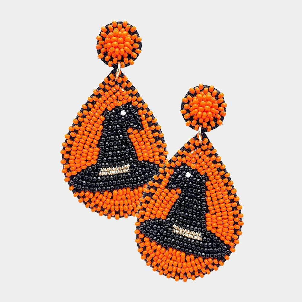 Orange Felt Back Seed Beaded Witch Hat Accented Teardrop Dangle Earrings - Jewelry Store by Erik Rayo