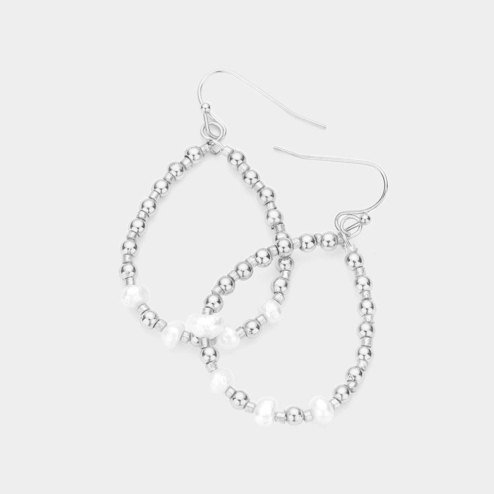 Cream Freshwater Pearl Accented Metal Ball Open Teardrop Dangle Earrings - Jewelry Store by Erik Rayo