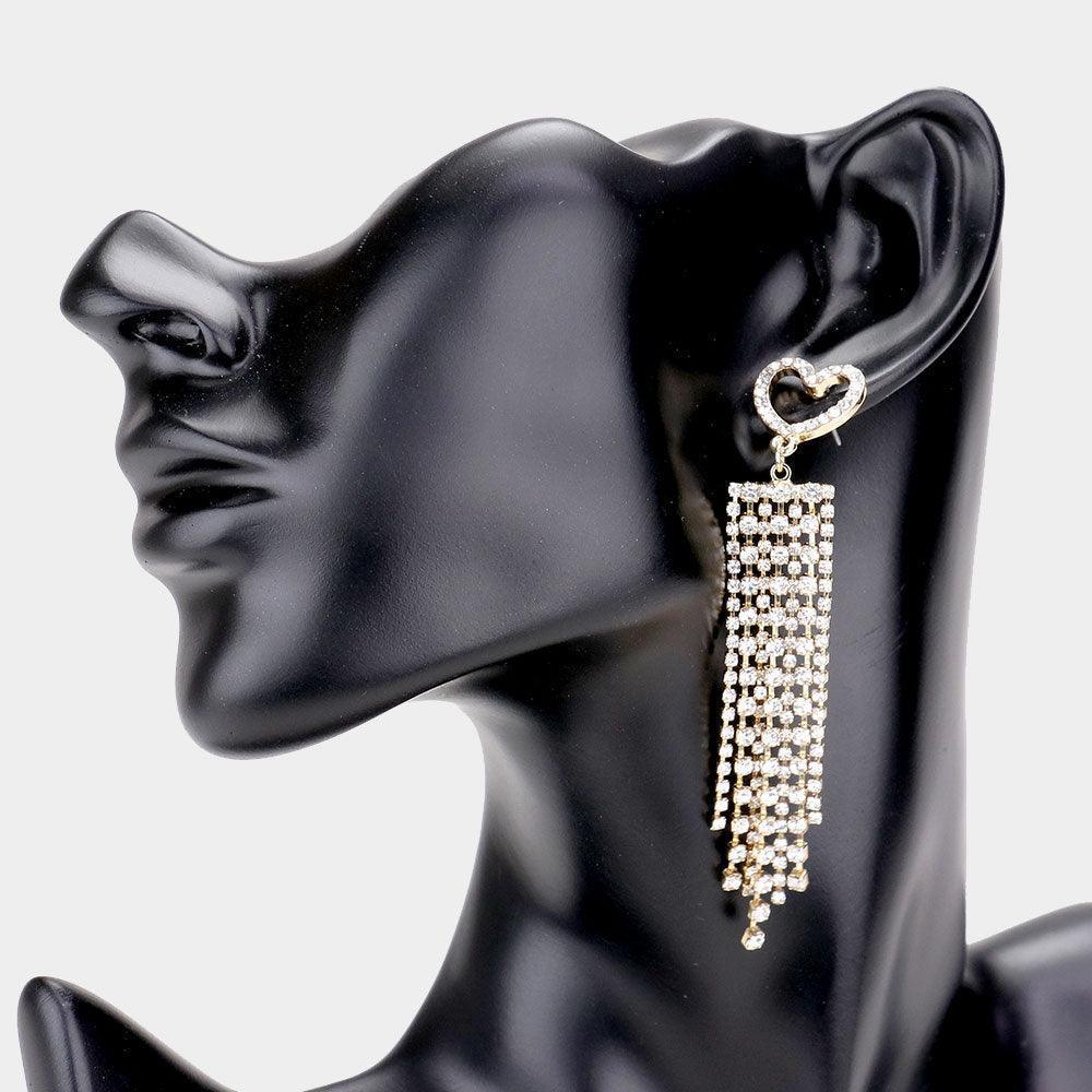 Gold Heart Accented Rhinestone Fringe Earrings - Jewelry Store by Erik Rayo