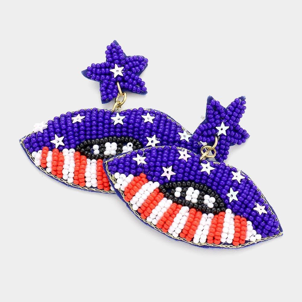 Felt Back Seed Bead Star American USA Flag Lip Dangle Earrings - Jewelry Store by Erik Rayo