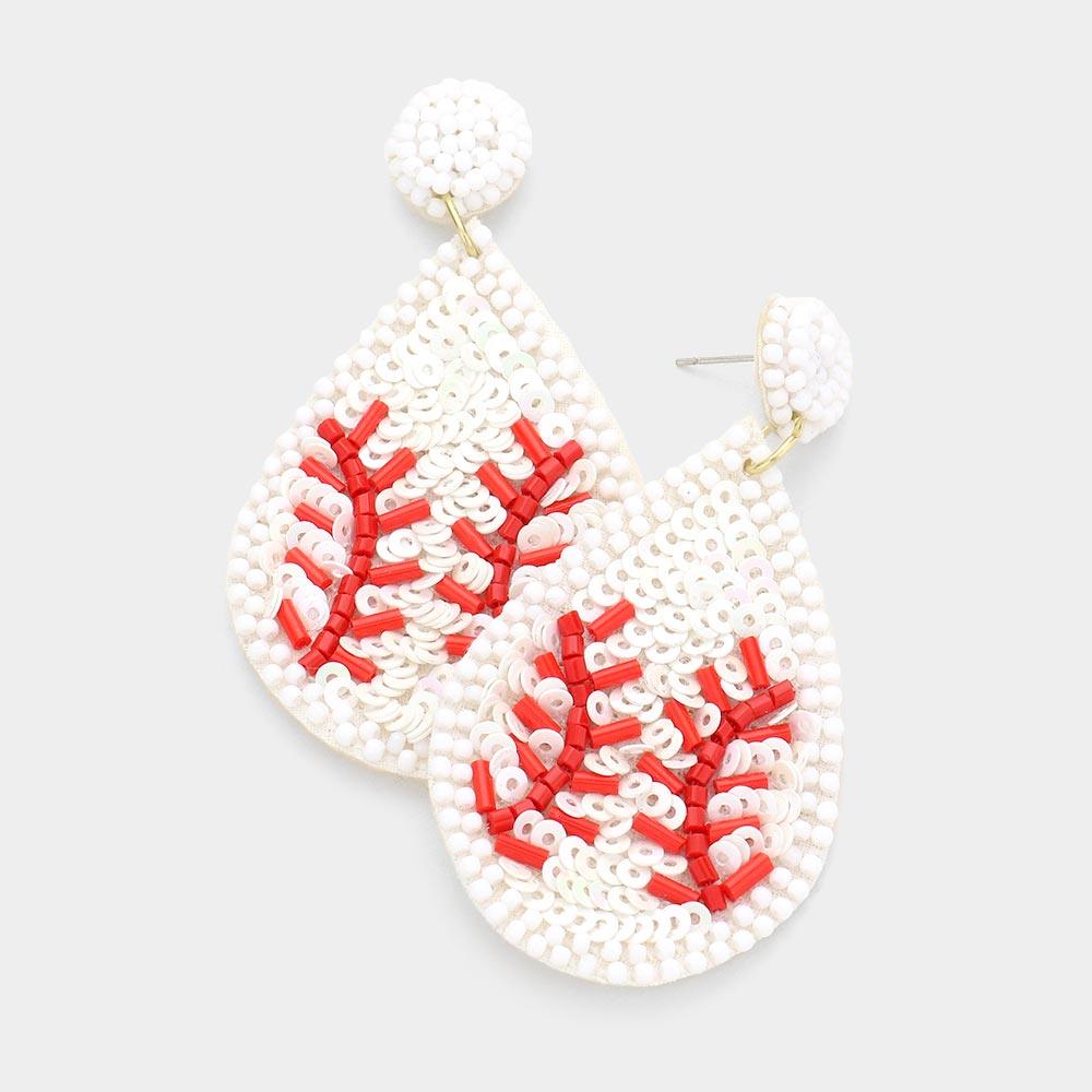 White Felt Back Sequin Beaded Baseball Teardrop Dangle Earrings